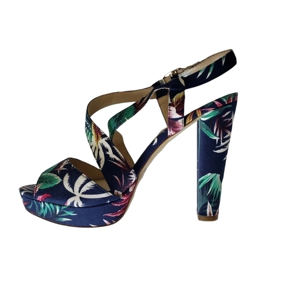 Palm print open toe platform strappy heel sandal shoes 9.5